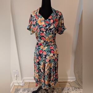 Vintage 1990s Nicole Miller Black Floral Dress Small Belted Zip Back Union Made
